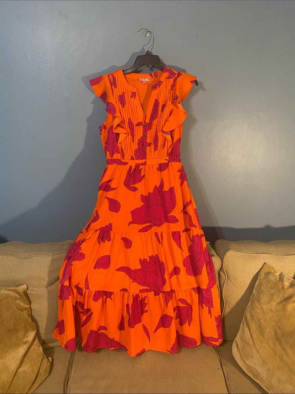 THML Bright Orange Small Midi Dress with Fuchsia Floral Print